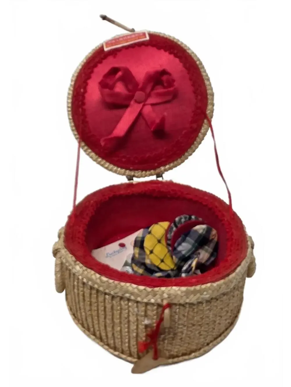 Vintage Chinese Raffia Sewing Basket Floral Lid Red Lined With Buttons